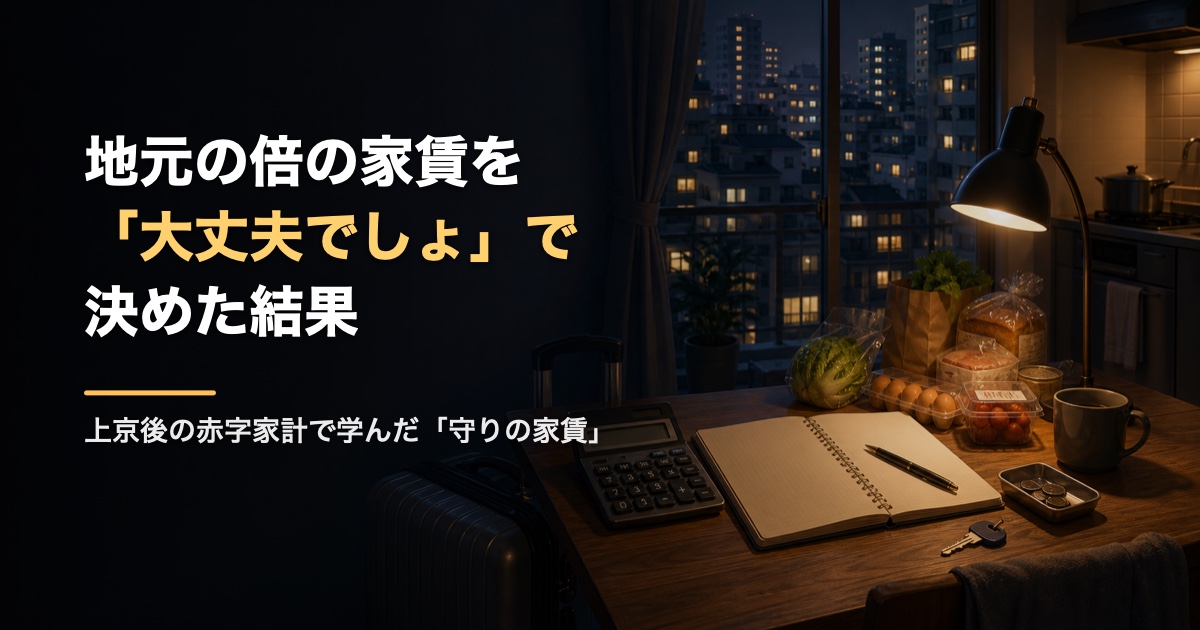 地元の倍の家賃を「大丈夫でしょ」で決めた結果——上京1年目の家計のリアル（夜の東京の街並みイラスト）